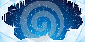 Winter background with ice and icicles.